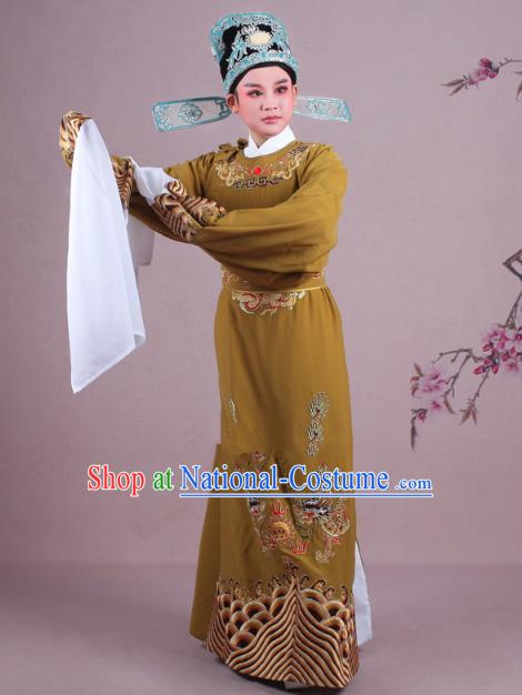 Traditional China Beijing Opera Niche Costume Lang Scholar Ginger Embroidered Robe and Hat, Ancient Chinese Peking Opera Magistrate Embroidery Dragons Gwanbok Clothing