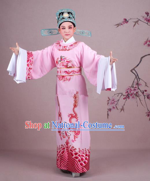 Traditional China Beijing Opera Niche Costume Lang Scholar Pink Embroidered Robe and Hat, Ancient Chinese Peking Opera Magistrate Embroidery Dragons Gwanbok Clothing