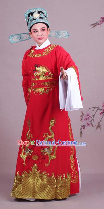 Traditional China Beijing Opera Niche Costume Lang Scholar Red Embroidered Robe and Hat, Ancient Chinese Peking Opera Emperor Son-in-law Embroidery Gwanbok Clothing