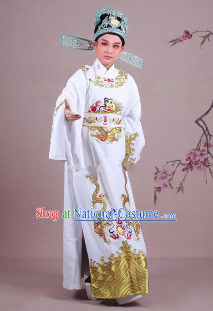 Traditional China Beijing Opera Niche Costume Lang Scholar White Embroidered Robe and Hat, Ancient Chinese Peking Opera Emperor Son-in-law Embroidery Gwanbok Clothing