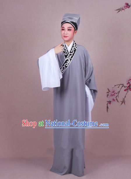 Traditional China Beijing Opera Niche Costume Scholar Embroidered Grey Robe and Headwear, Ancient Chinese Peking Opera Young Men Clothing