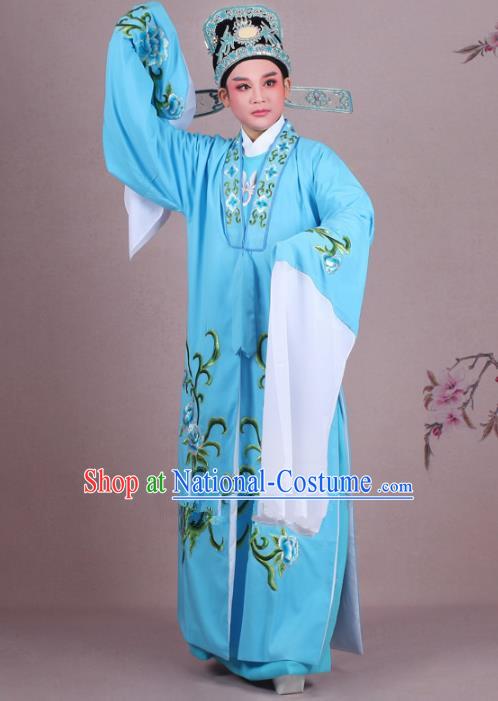 Traditional China Beijing Opera Niche Costume Gifted Scholar Blue Embroidered Cape and Hat, Ancient Chinese Peking Opera Young Men Embroidery Peony Clothing