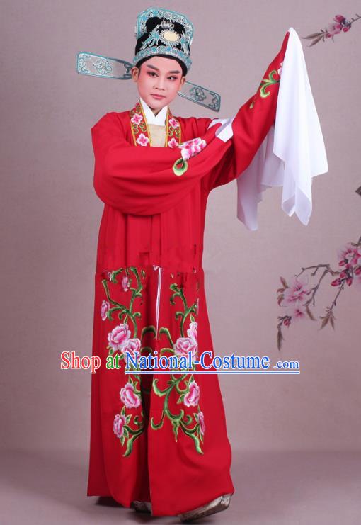 Traditional China Beijing Opera Niche Costume Gifted Scholar Red Embroidered Cape and Hat, Ancient Chinese Peking Opera Young Men Embroidery Peony Clothing