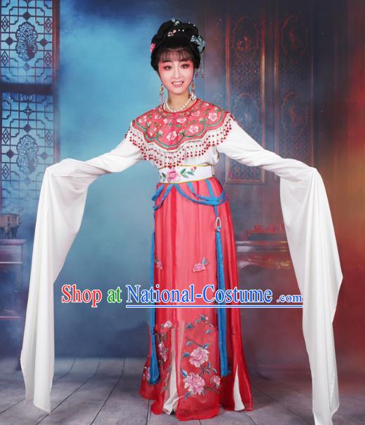 Traditional China Beijing Opera Young Lady Hua Tan Costume Red Embroidered Dress, Ancient Chinese Peking Opera Diva Senior Concubine Embroidery Peony Clothing