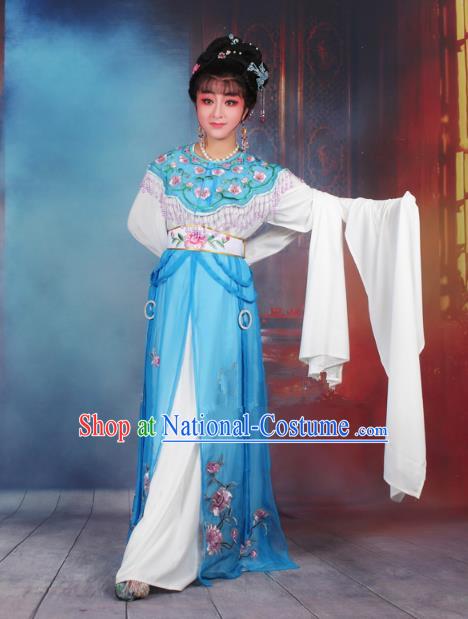 Traditional China Beijing Opera Young Lady Hua Tan Costume Blue Embroidered Dress, Ancient Chinese Peking Opera Diva Senior Concubine Embroidery Peony Clothing