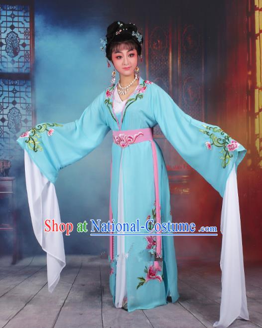 Traditional China Beijing Opera Young Lady Hua Tan Costume Princess Blue Embroidered Dress, Ancient Chinese Peking Opera Diva Embroidery Clothing