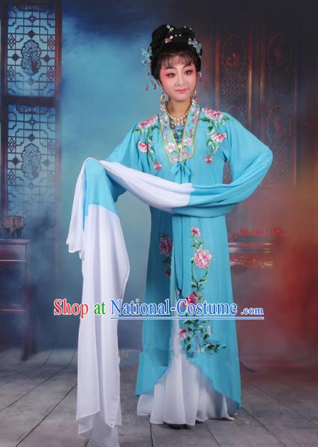 Traditional China Beijing Opera Young Lady Hua Tan Costume Princess Blue Embroidered Cape, Ancient Chinese Peking Opera Diva Embroidery Dress Clothing