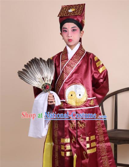 Traditional China Beijing Opera Zhuge Liang Costume Taoist Amaranth Embroidered Robe and Headwear, Ancient Chinese Peking Opera Taoism Embroidery Gossip Clothing for Kids