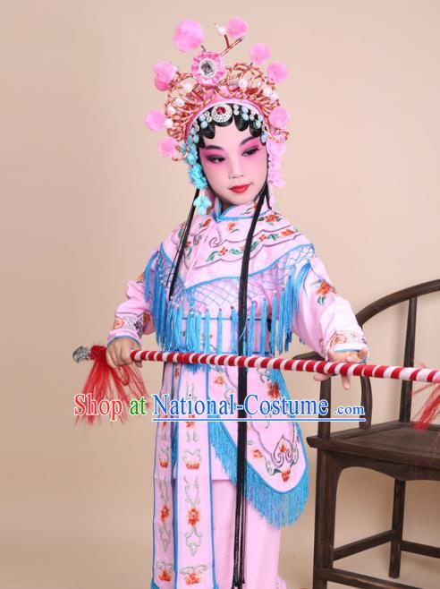 Traditional China Beijing Opera Swordplay Costume Female Warriors Pink Embroidered Robe with Cloak, Ancient Chinese Peking Opera Blues Embroidery Clothing for Kids