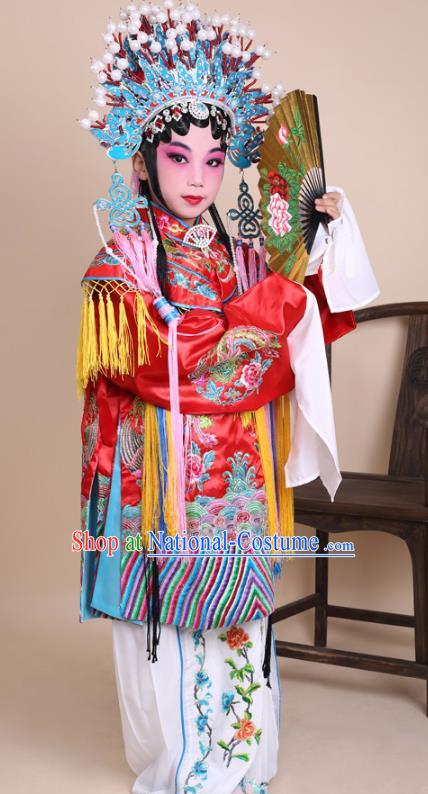 Traditional China Beijing Opera Costume Senior Concubine Red Embroidered Robe and Headwear, Ancient Chinese Peking Opera Diva Hua Tan Embroidery Dress Clothing for Kids