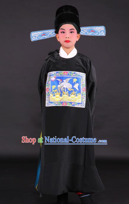 Traditional China Beijing Opera Niche Costume Lang Scholar Black Embroidered Robe and Hat, Ancient Chinese Peking Opera Embroidery Gwanbok for Kids