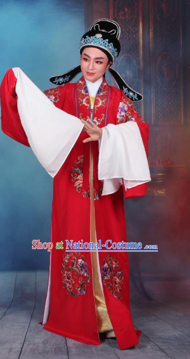 Top Grade Professional Beijing Opera Niche Costume Scholar Red Embroidered Robe and Headwear, Traditional Ancient Chinese Peking Opera Embroidery Young Men Clothing