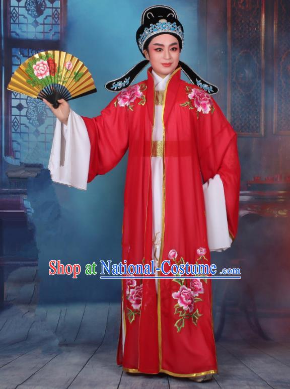 Top Grade Professional Beijing Opera Niche Costume Scholar Red Embroidered Cape, Traditional Ancient Chinese Peking Opera Embroidery Young Men Clothing