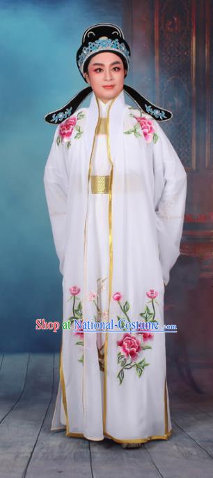 Top Grade Professional Beijing Opera Niche Costume Scholar White Embroidered Cape, Traditional Ancient Chinese Peking Opera Embroidery Young Men Clothing