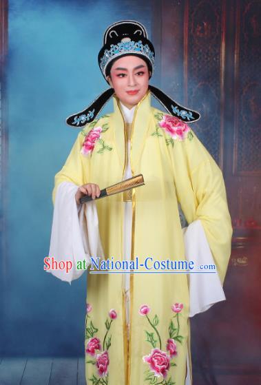 Top Grade Professional Beijing Opera Niche Costume Scholar Yellow Embroidered Cape, Traditional Ancient Chinese Peking Opera Embroidery Young Men Clothing