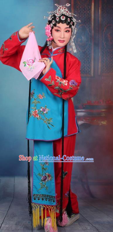 Top Grade Professional Beijing Opera Young Lady Costume Servant Girl Red Embroidered Clothing, Traditional Ancient Chinese Peking Opera Maidservants Embroidery Clothing