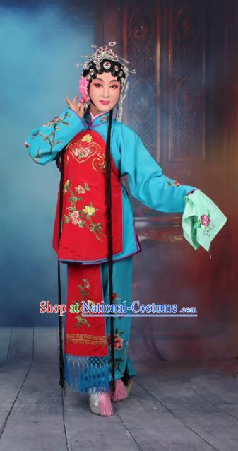 Top Grade Professional Beijing Opera Young Lady Costume Servant Girl Blue Embroidered Clothing, Traditional Ancient Chinese Peking Opera Maidservants Embroidery Clothing