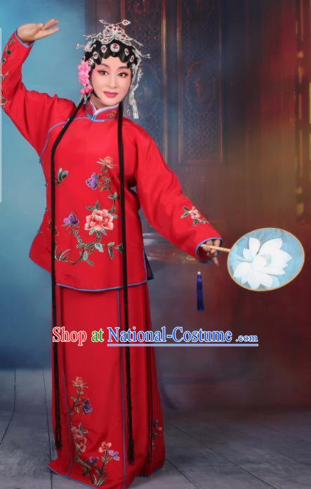 Top Grade Professional Beijing Opera Young Lady Costume Servant Girl Red Embroidered Dress, Traditional Ancient Chinese Peking Opera Maidservants Embroidery Peony Clothing