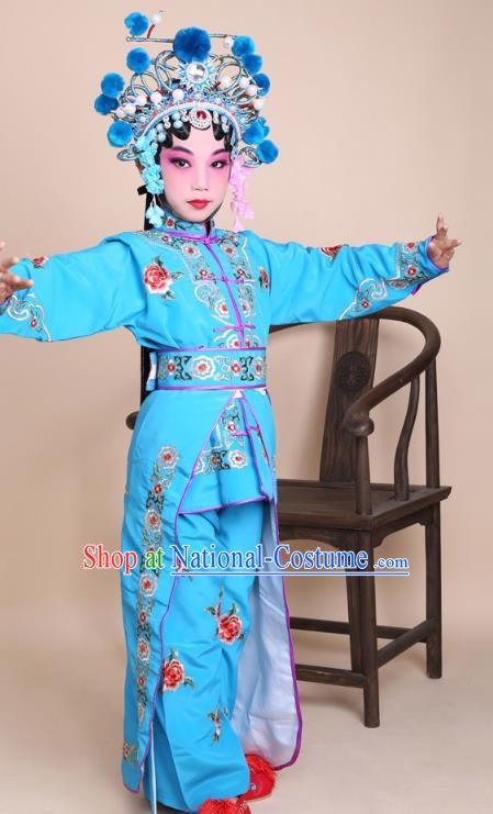 Traditional China Beijing Opera Swordplay Costume Female Warriors Blue Embroidered Robe and Headwear, Ancient Chinese Peking Opera Blues Embroidery Clothing for Kids