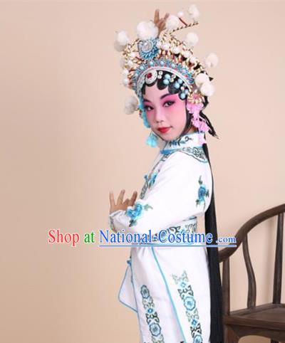 Traditional China Beijing Opera Swordplay Costume Female Warriors White Embroidered Robe and Headwear, Ancient Chinese Peking Opera Blues Embroidery Clothing for Kids