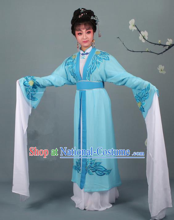 Top Grade Professional Beijing Opera Palace Lady Costume Hua Tan Blue Water Sleeve Embroidered Clothing, Traditional Ancient Chinese Peking Opera Diva Embroidery Lotus Clothing