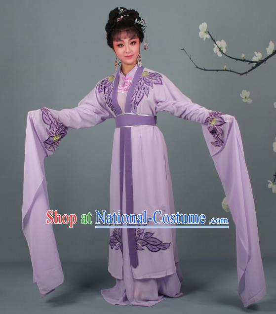 Top Grade Professional Beijing Opera Palace Lady Costume Hua Tan Purple Water Sleeve Embroidered Clothing, Traditional Ancient Chinese Peking Opera Diva Embroidery Lotus Clothing