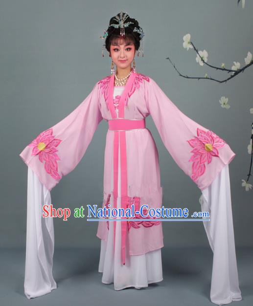 Top Grade Professional Beijing Opera Palace Lady Costume Hua Tan Pink Water Sleeve Embroidered Clothing, Traditional Ancient Chinese Peking Opera Diva Embroidery Lotus Clothing