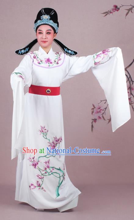 Traditional China Beijing Opera Niche Costume White Embroidered Robe and Headwear, Ancient Chinese Peking Opera Embroidery Mangnolia Lang Scholar Clothing