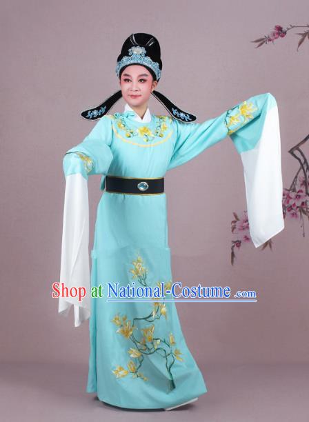 Traditional China Beijing Opera Niche Costume Blue Embroidered Robe and Headwear, Ancient Chinese Peking Opera Embroidery Mangnolia Lang Scholar Clothing