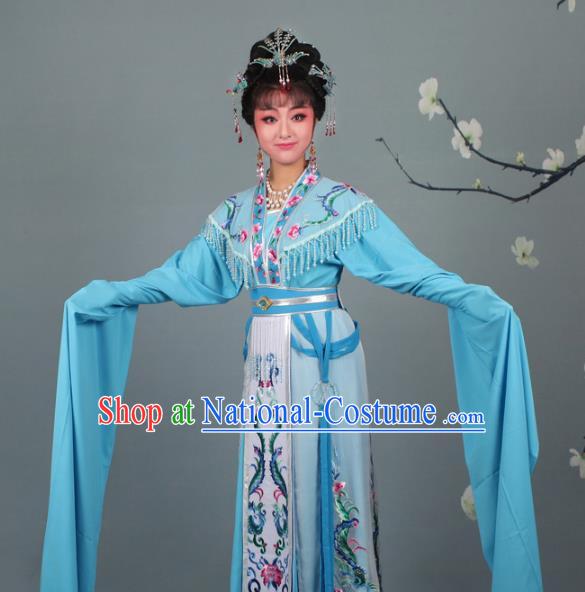 Top Grade Professional Beijing Opera Palace Lady Costume Hua Tan Blue Embroidered Dress, Traditional Ancient Chinese Peking Opera Diva Embroidery Phoenix Clothing