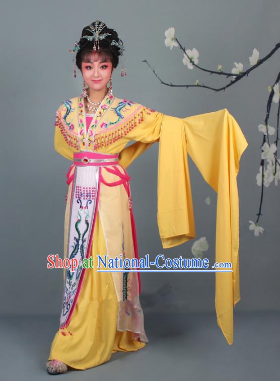 Top Grade Professional Beijing Opera Palace Lady Costume Hua Tan Yellow Embroidered Dress, Traditional Ancient Chinese Peking Opera Diva Embroidery Phoenix Clothing