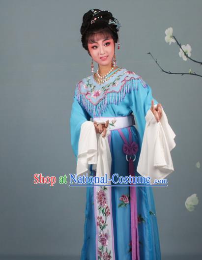 Top Grade Professional Beijing Opera Palace Lady Costume Hua Tan Blue Embroidered Dress, Traditional Ancient Chinese Peking Opera Diva Embroidery Peony Clothing