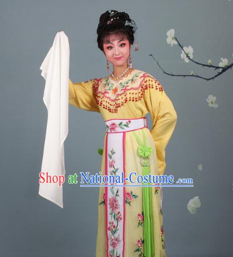 Top Grade Professional Beijing Opera Palace Lady Costume Hua Tan Yellow Embroidered Dress, Traditional Ancient Chinese Peking Opera Diva Embroidery Peony Clothing