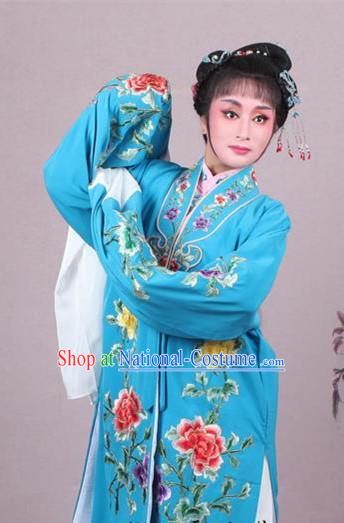 Top Grade Professional Beijing Opera Female Role Costume Imperial Concubine Blue Embroidered Cape, Traditional Ancient Chinese Peking Opera Diva Embroidery Peony Clothing