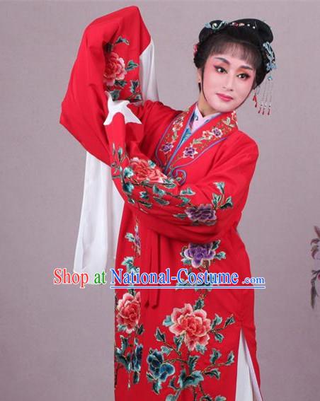 Top Grade Professional Beijing Opera Female Role Costume Imperial Concubine Red Embroidered Cape, Traditional Ancient Chinese Peking Opera Diva Embroidery Peony Clothing