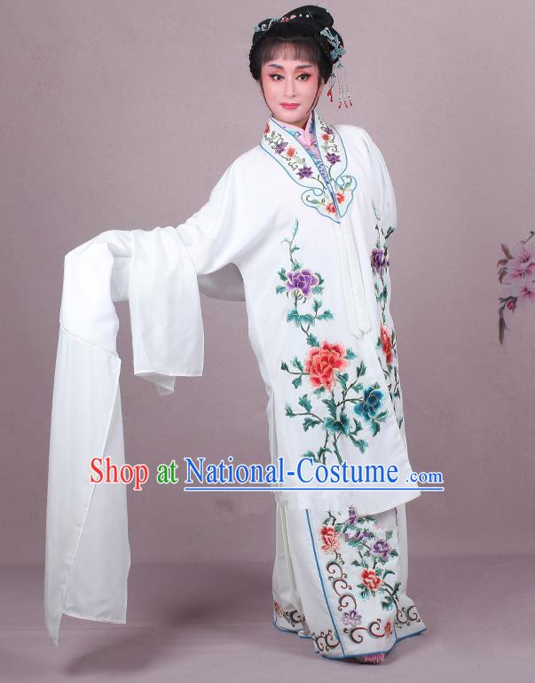 Top Grade Professional Beijing Opera Female Role Costume Imperial Concubine White Embroidered Cape, Traditional Ancient Chinese Peking Opera Diva Embroidery Peony Clothing