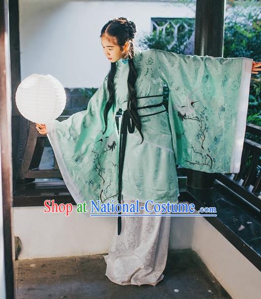 Traditional Chinese Han Dynasty Young Lady Embroidery Cranes Costume, Elegant Hanfu Curve Bottom Chinese Ancient Princess Dress Clothing