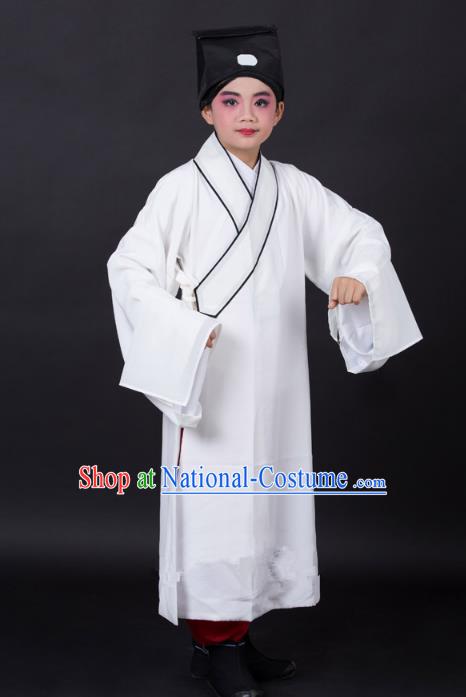 Traditional China Beijing Opera Niche Costume Scholar White Robe and Headwear, Ancient Chinese Peking Opera Young Men Clothing for Kids