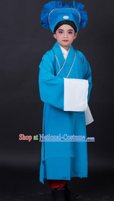 Traditional China Beijing Opera Niche Costume Scholar Blue Robe and Headwear, Ancient Chinese Peking Opera Young Men Clothing for Kids