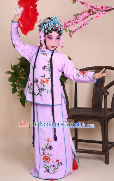 Top Grade Professional Beijing Opera Mui Tsai Costume Purple Embroidered Clothing, Traditional Ancient Chinese Peking Opera Maidservants Embroidery Clothing for Kids