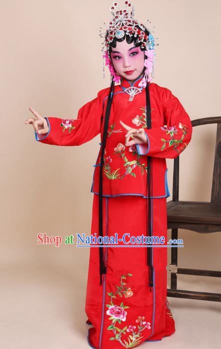 Top Grade Professional Beijing Opera Mui Tsai Costume Red Embroidered Clothing, Traditional Ancient Chinese Peking Opera Maidservants Embroidery Clothing for Kids