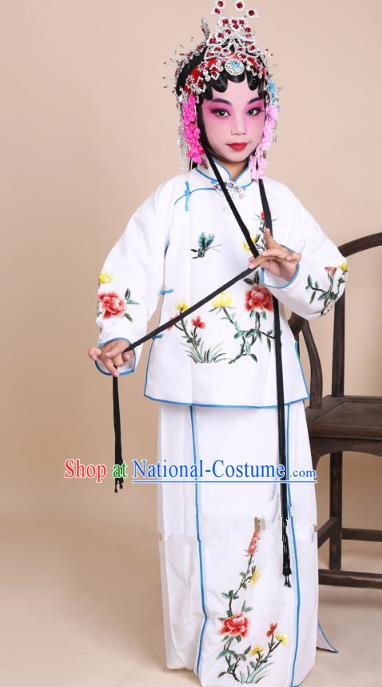 Top Grade Professional Beijing Opera Mui Tsai Costume White Embroidered Clothing, Traditional Ancient Chinese Peking Opera Maidservants Embroidery Clothing for Kids