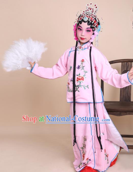 Top Grade Professional Beijing Opera Mui Tsai Costume Pink Embroidered Clothing, Traditional Ancient Chinese Peking Opera Maidservants Embroidery Clothing for Kids