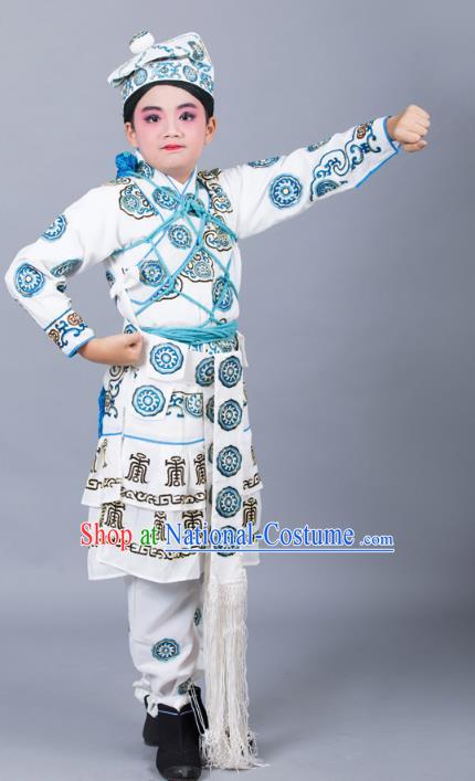 Traditional China Beijing Opera Takefu Costume, Ancient Chinese Peking Opera Wu-Sheng Warrior Embroidery White Clothing