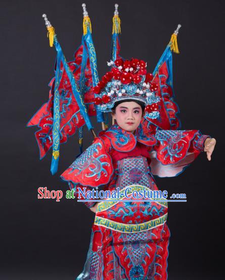 Traditional China Beijing Opera Takefu General Costume and Headwear Complete Set, Ancient Chinese Peking Opera Wu-Sheng Military Officer Embroidery Red Clothing for Kids