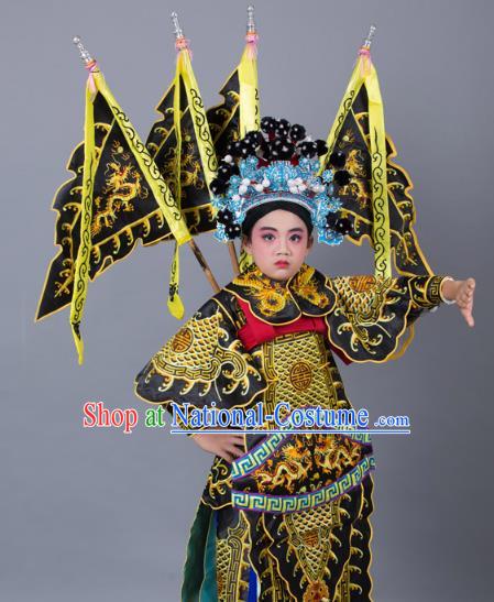 Traditional China Beijing Opera Takefu General Costume and Headwear Complete Set, Ancient Chinese Peking Opera Wu-Sheng Military Officer Embroidery Black Clothing for Kids