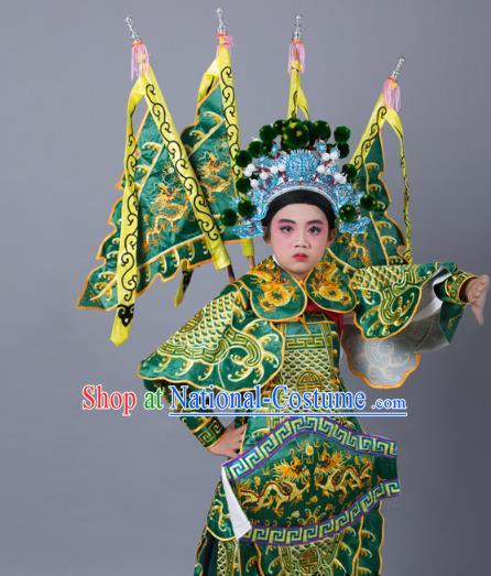 Traditional China Beijing Opera Takefu General Costume and Headwear Complete Set, Ancient Chinese Peking Opera Wu-Sheng Military Officer Embroidery Green Clothing for Kids