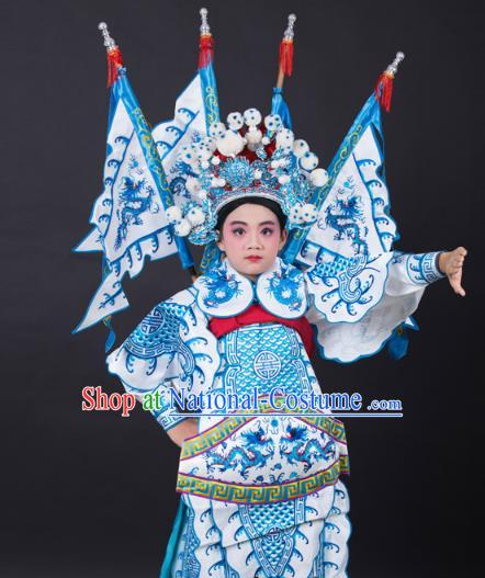 Traditional China Beijing Opera Takefu General Costume and Headwear Complete Set, Ancient Chinese Peking Opera Wu-Sheng Military Officer Embroidery White Clothing for Kids