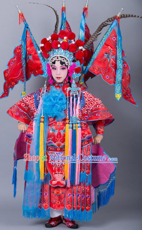 Traditional China Beijing Opera Female General Costume and Headwear Complete Set, Ancient Chinese Peking Opera Swordplay Military Officer Embroidery Red Clothing for Kids