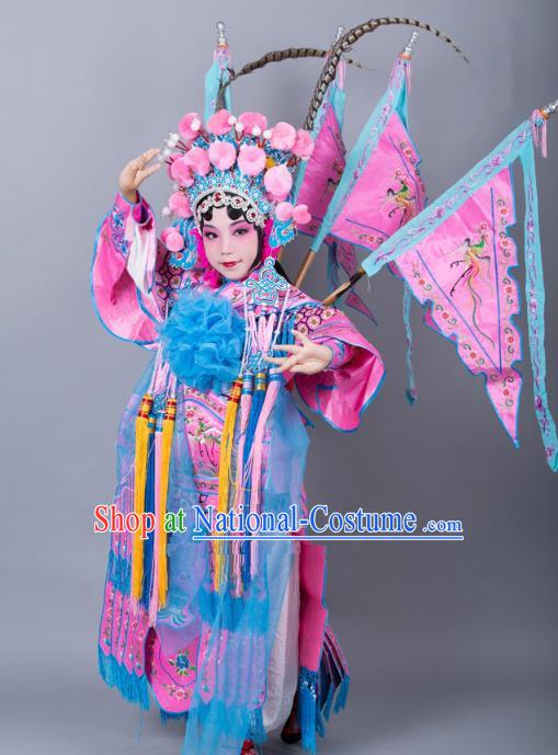 Traditional China Beijing Opera Female General Costume and Headwear Complete Set, Ancient Chinese Peking Opera Swordplay Military Officer Embroidery Pink Clothing for Kids